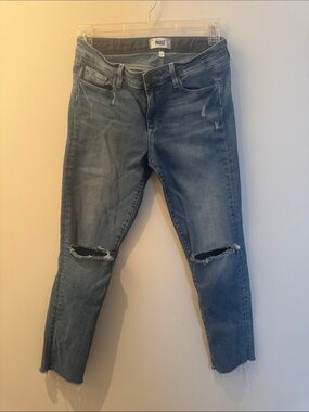 PAIGE Cropped Distressed Knee Jeans - Light Blue